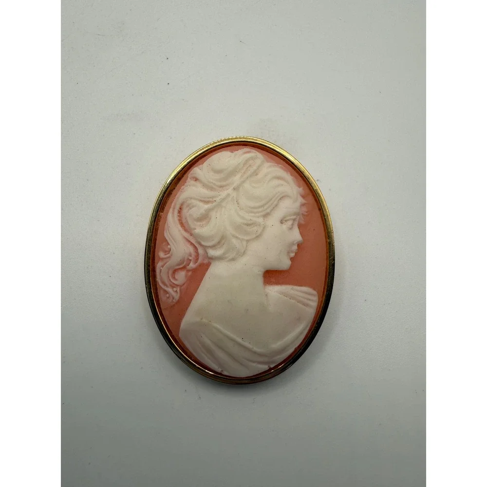 Vintage Cameo Brooch Gold Tone‎ Pink and Cream Female Profile Pin Oval